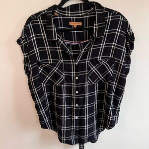 black and white plaid womens button up collared shirt